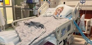 Caitlin Jensen, de 28 años, solo puede comunicarse con los ojos y moviendo los dedos de los pies mientras languidece en una cama de hospital después del impactante incidente del 16 de junio.