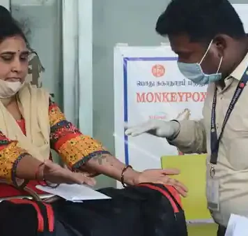 A traveller being inspected at Chennai airport. Earlier, monkeypox spread beyond Africa due to international travel. Photo: ANI